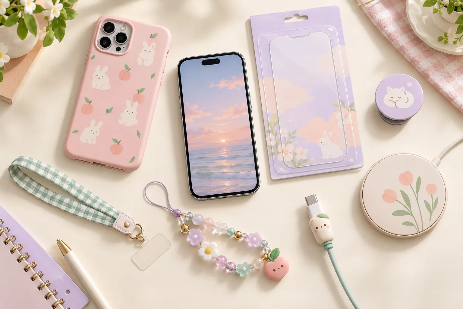Téléphone entouré d’une coque pastel, d’un film, d’un grip, d’une dragonne, d’un charm, d’un câble décoré et d’un chargeur sans fil