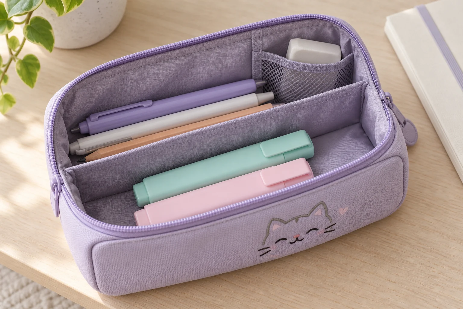 Trousse mauve à motif de chat ouverte, avec stylos et surligneurs séparés et une gomme dans un filet