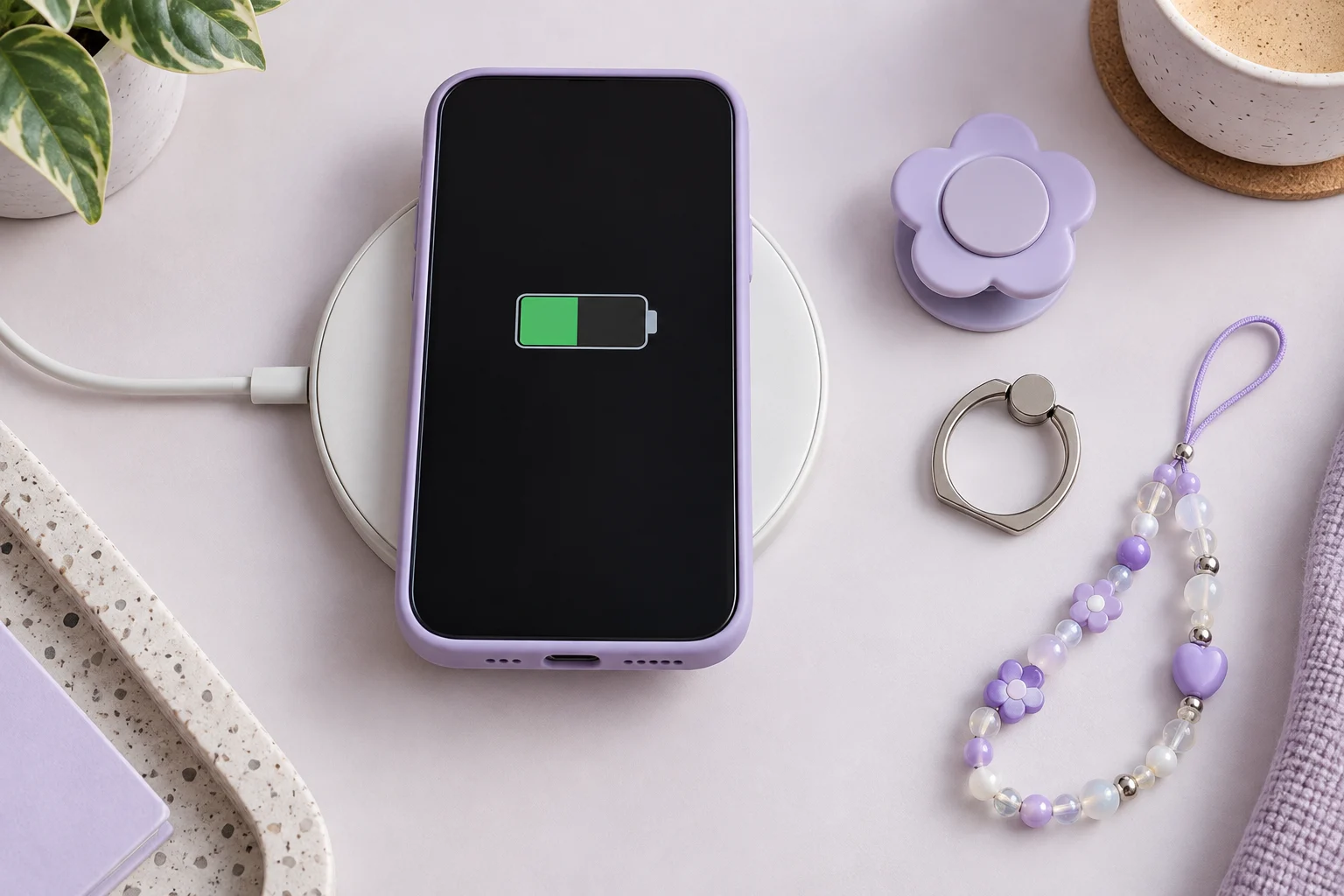 Téléphone en charge sans fil avec grip, anneau et charm retirés à côté du socle